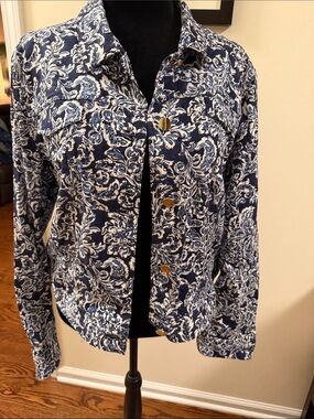 Jones New York Navy & White Floral Print Button Jacket